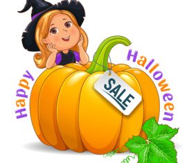 Happy Halloween funny girl in hat with pumpkin sale sign vector