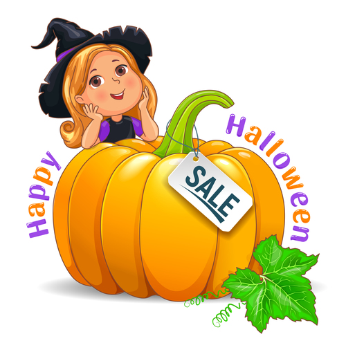 Happy Halloween funny girl in hat with pumpkin sale sign vector
