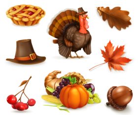 Happy Thanksgiving cartoon character and objects vector