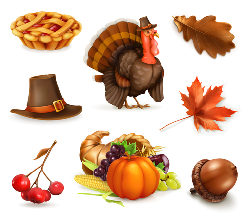 Happy Thanksgiving cartoon character and objects vector