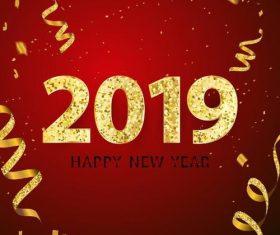 Happy new year 2019 with golden ribbon vectors