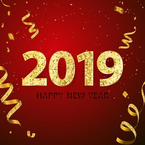 Happy new year 2019 with golden ribbon vectors