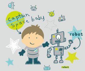 Illustration cartoon boy robot space starry sky vector
