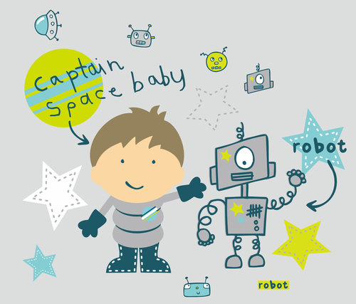 Illustration cartoon boy robot space starry sky vector