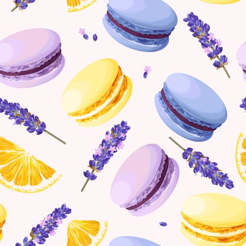 Macaron with purple flower seamless pattern vector