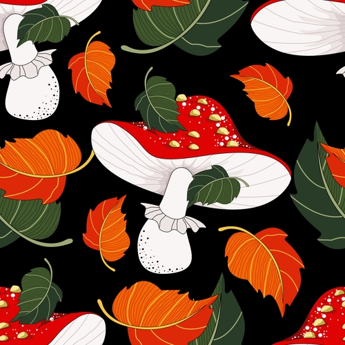 Mushroom with autumn leaves pattern seamless vectors 01