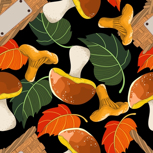 Mushroom with autumn leaves pattern seamless vectors 03