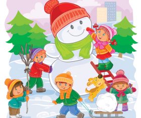 Snowman and happy kids vector material