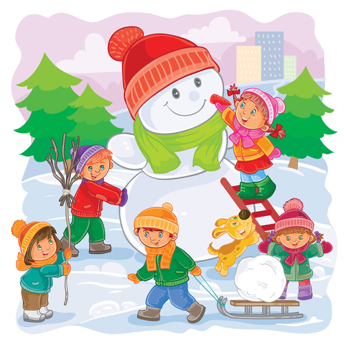 Snowman and happy kids vector material