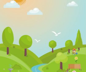 Spring hand drawn cartoon landscape illustration vector