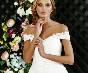 Stock Photo Blonde pretty woman wearing white long dress 01