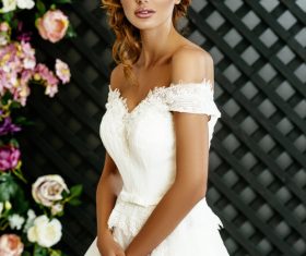 Stock Photo Blonde pretty woman wearing white long dress 02