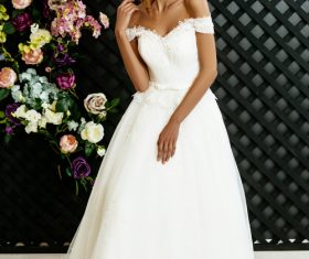 Stock Photo Blonde pretty woman wearing white long dress 05