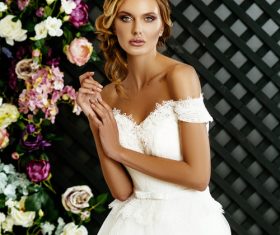 Stock Photo Blonde pretty woman wearing white long dress 06