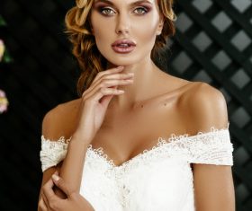 Stock Photo Blonde pretty woman wearing white long dress 07