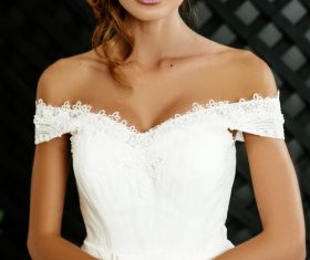 Stock Photo Blonde pretty woman wearing white long dress 08