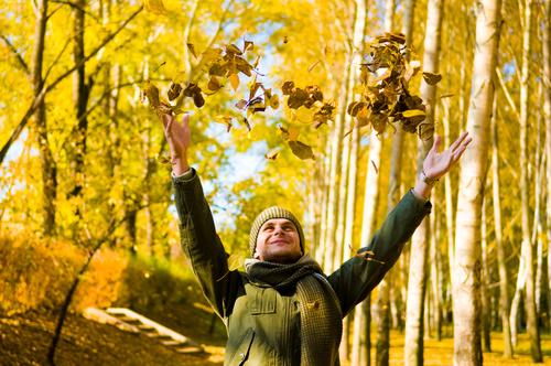 Stock Photo Man throwing fallen leaves in autumn 01