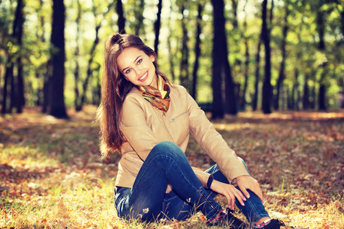 Stock Photo charming woman outdoors in sunny autumn day 02