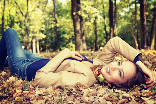 Stock Photo charming woman outdoors in sunny autumn day 03