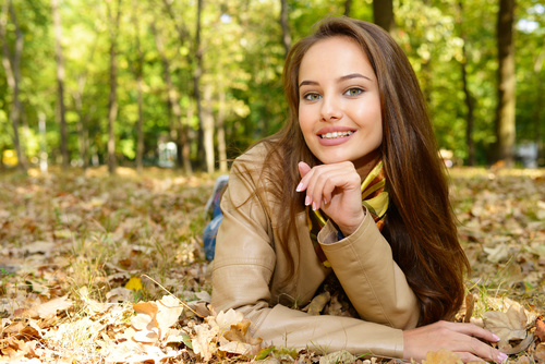Stock Photo charming woman outdoors in sunny autumn day 06