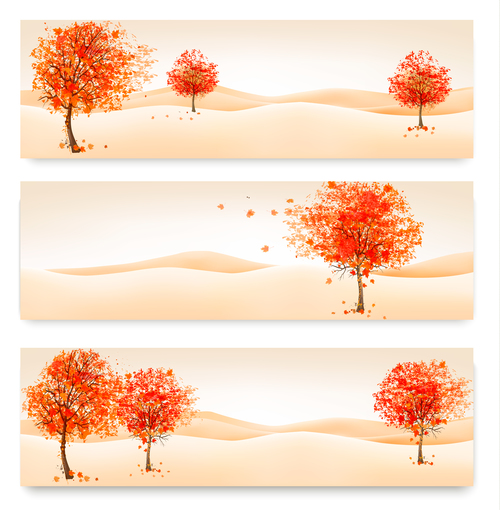Three autumn banners with colorful leaves and tree vector