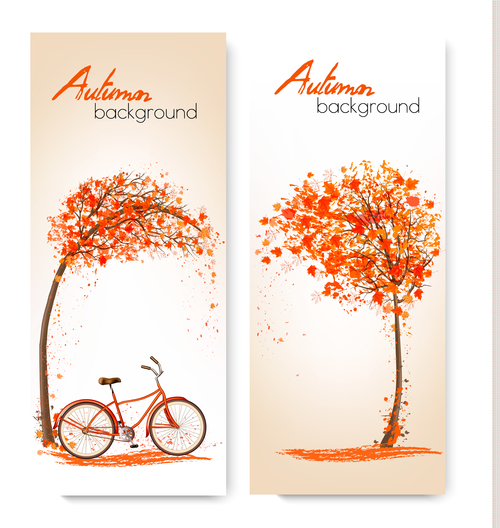 Vector autumn banners with flying leaves and bike vector