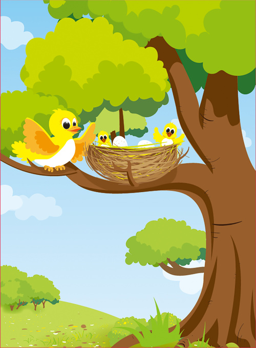 Vector cartoon tree with birds and nest free download
