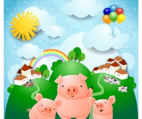 Vector ranch and three little pigs cartoon illustration
