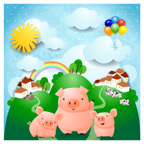 Vector ranch and three little pigs cartoon illustration