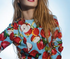 Wearing fruit print dress woman posing Stock Photo 02