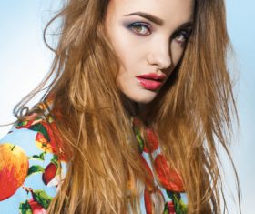 Wearing fruit print dress woman posing Stock Photo 05