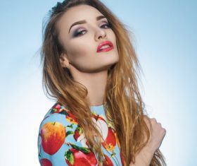 Wearing fruit print dress woman posing Stock Photo 09