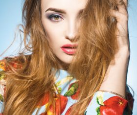 Wearing fruit print dress woman posing Stock Photo 14