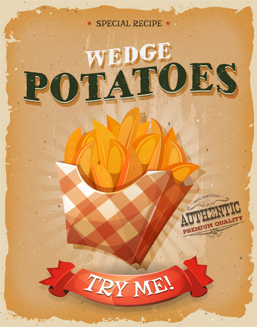 Wedge potatoes poster template retro vector
