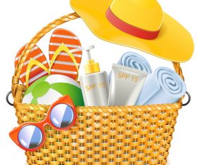 Wicker Basket with Beach Accessories vectors