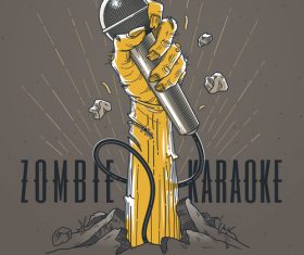 Zombie hand with microphone and halloween karaoke party poster vector