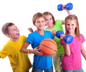 children holding basketball and dumbbells Stock Photo 01