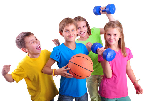 children holding basketball and dumbbells Stock Photo 01