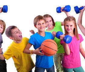children holding basketball and dumbbells Stock Photo 02