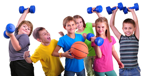 children holding basketball and dumbbells Stock Photo 02