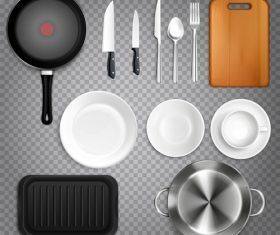 kitchen utensils top view realistic transparent vector