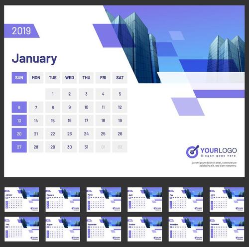 2019 Desk calendar company template vectors