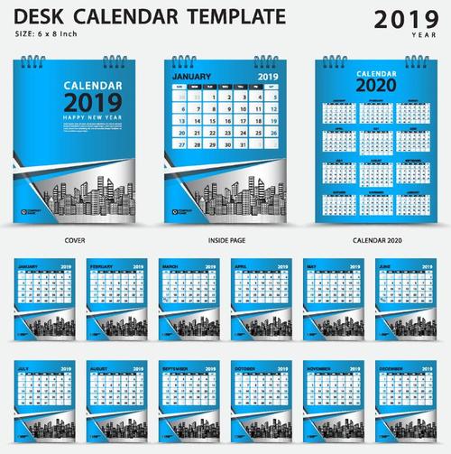 2019 Desk calendar template blue styles vector