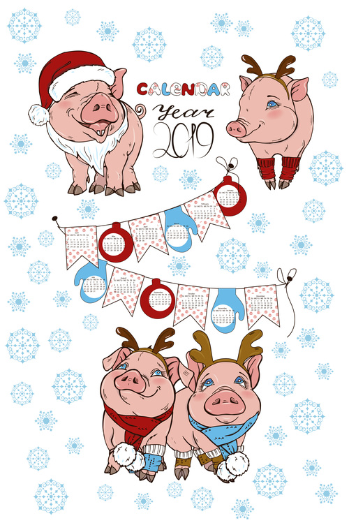 2019 calendar cover with funny pig vector 01