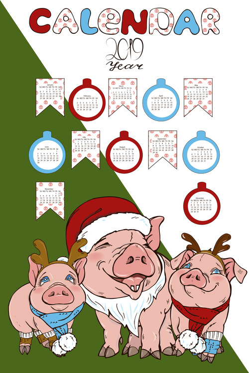 2019 calendar cover with funny pig vector 02
