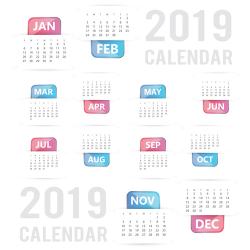 2019 calendar template design vectors
