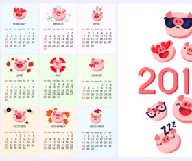 2019 calendar template with cute pig vector 01