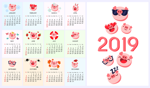 2019 calendar template with cute pig vector 01