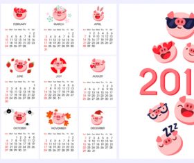 2019 calendar template with cute pig vector 02