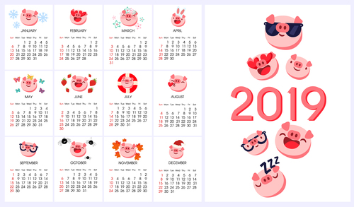 2019 calendar template with cute pig vector 02